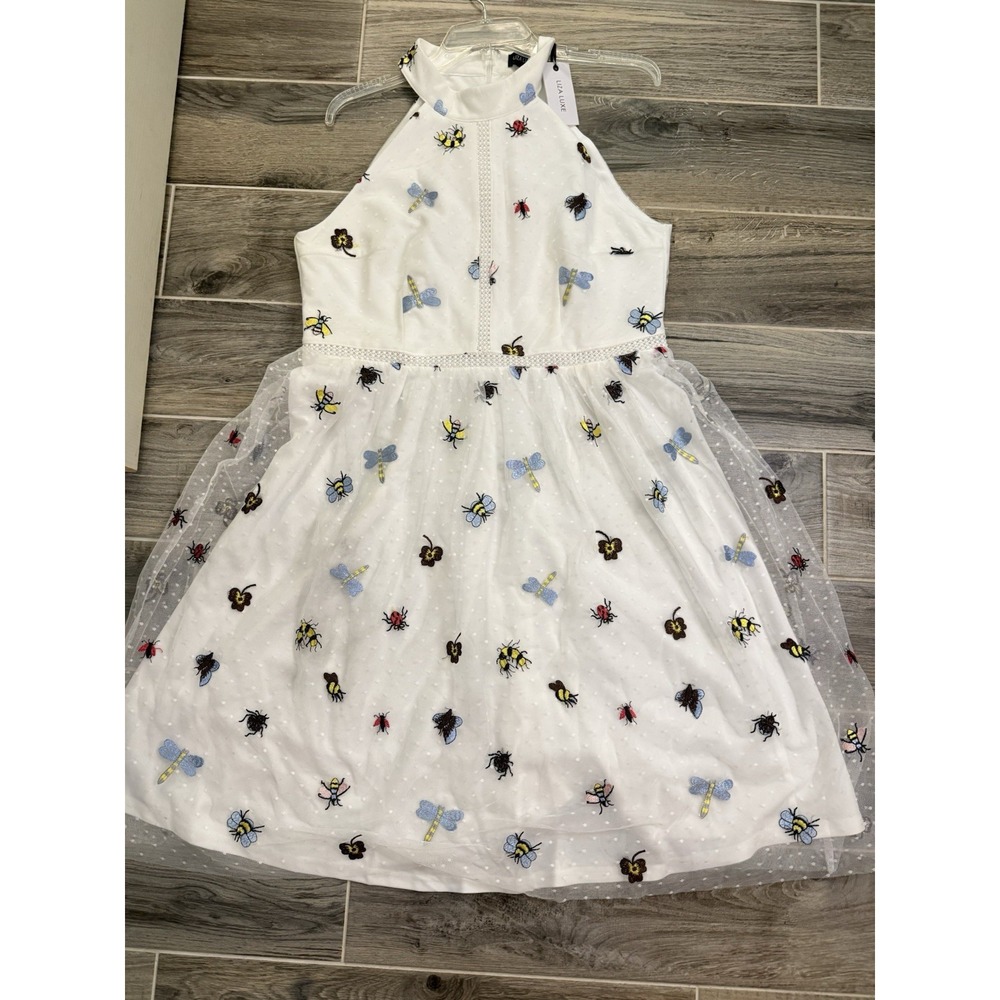 NWT Liza Luxe Halter Zip Up  Embroidered Bugs Short Dress XL White Polka‎ Dot